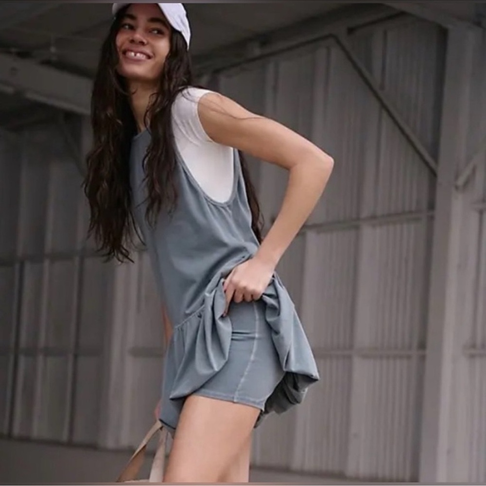 Free People Dusty Blue Ruffle-Hem Mini Dress with White Cap Sleeves - Picture 4 of 13
